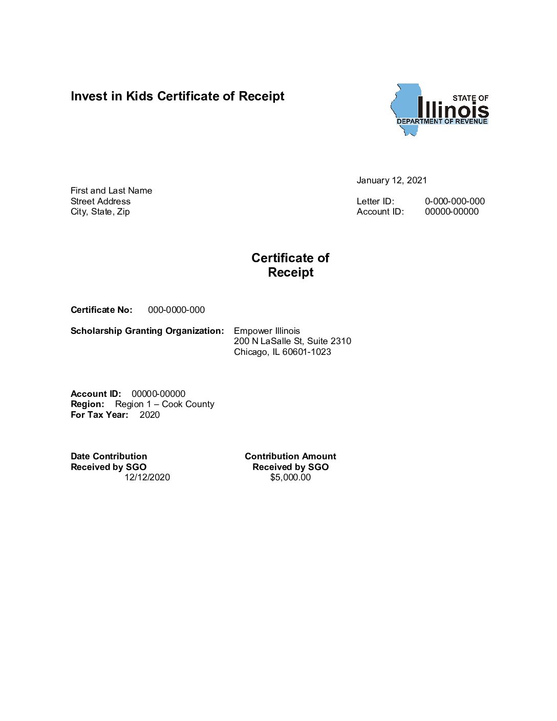 Certificate Of Receipt Sample Empower Illinois